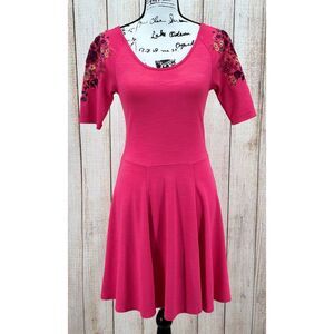 Free People Skater Dress Small Pink Raspberry Floral Garden‎ Embroidered Sleeve